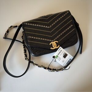 AUTH NEW Chanel Embellished Square Mini Black Calfskin Leather Chain Bag